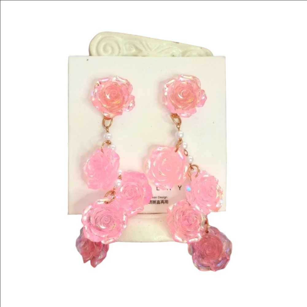 You & Me Gold Pink Rose Pearl Chandelier Earrings NWT